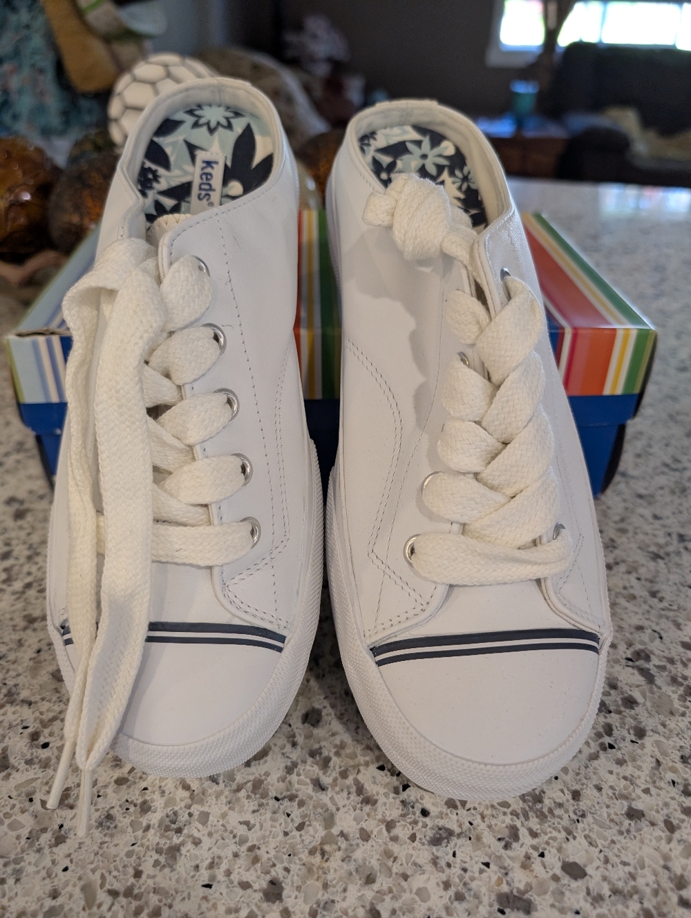 Keds White Leather Slip-on Mule Sneakers with Navy Blue Stripe